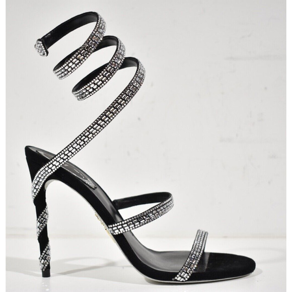 Rene Caovilla Margot Black Silver Crystal Ankle Wrap Strap Sandal Heel Pump 36.5 - Picture 2 of 12